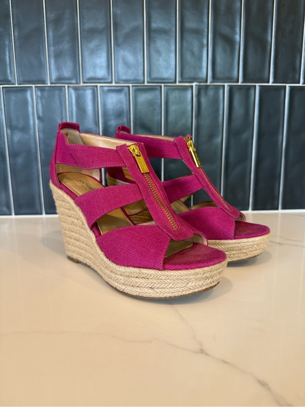 MICHAEL Michael Kors Fuchsia Canvas Espadrille Wedge Sandals with Gold Zip
